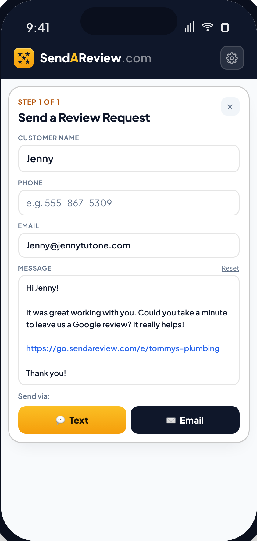The Send A Review app on a phone: a Send a Review Request form filled with a customer's name, phone, and email, plus a pre-written Google review message ready to send by text or email.